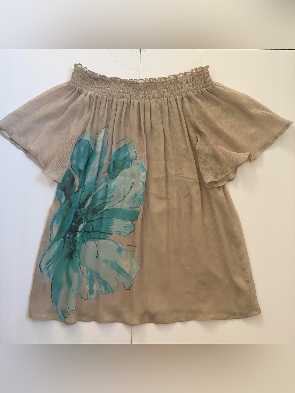 100% Silk Beige Off-Shoulder Top with Teal Floral Print